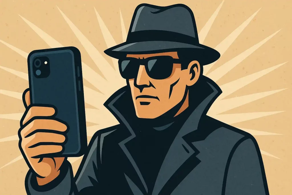A spy with a smartphone as his super spy tool.