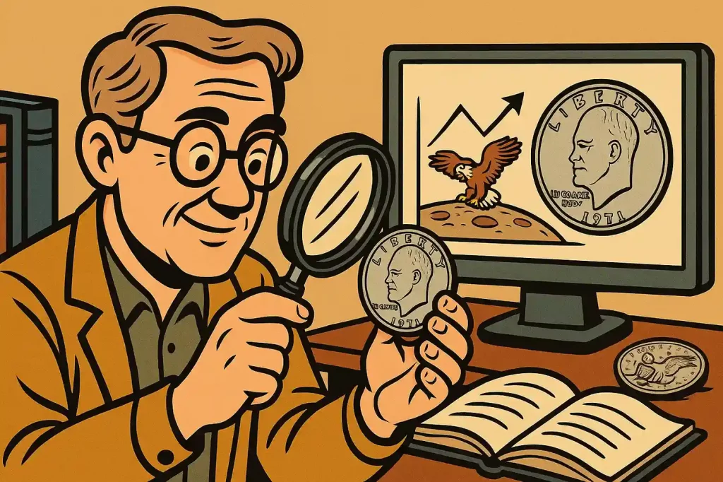 Cartoon-style image of a coin enthusiast examining a 1971 Eisenhower Dollar with a magnifying glass at his desk, while a computer screen displays a coin and a rising value chart behind him.