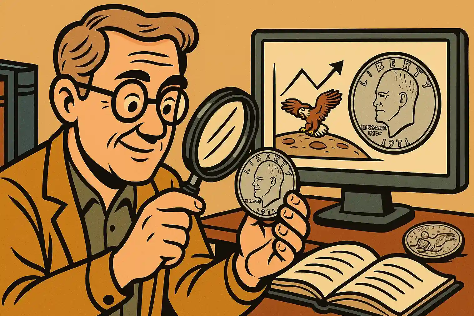 Cartoon-style image of a coin enthusiast examining a 1971 Eisenhower Dollar with a magnifying glass at his desk, while a computer screen displays a coin and a rising value chart behind him.