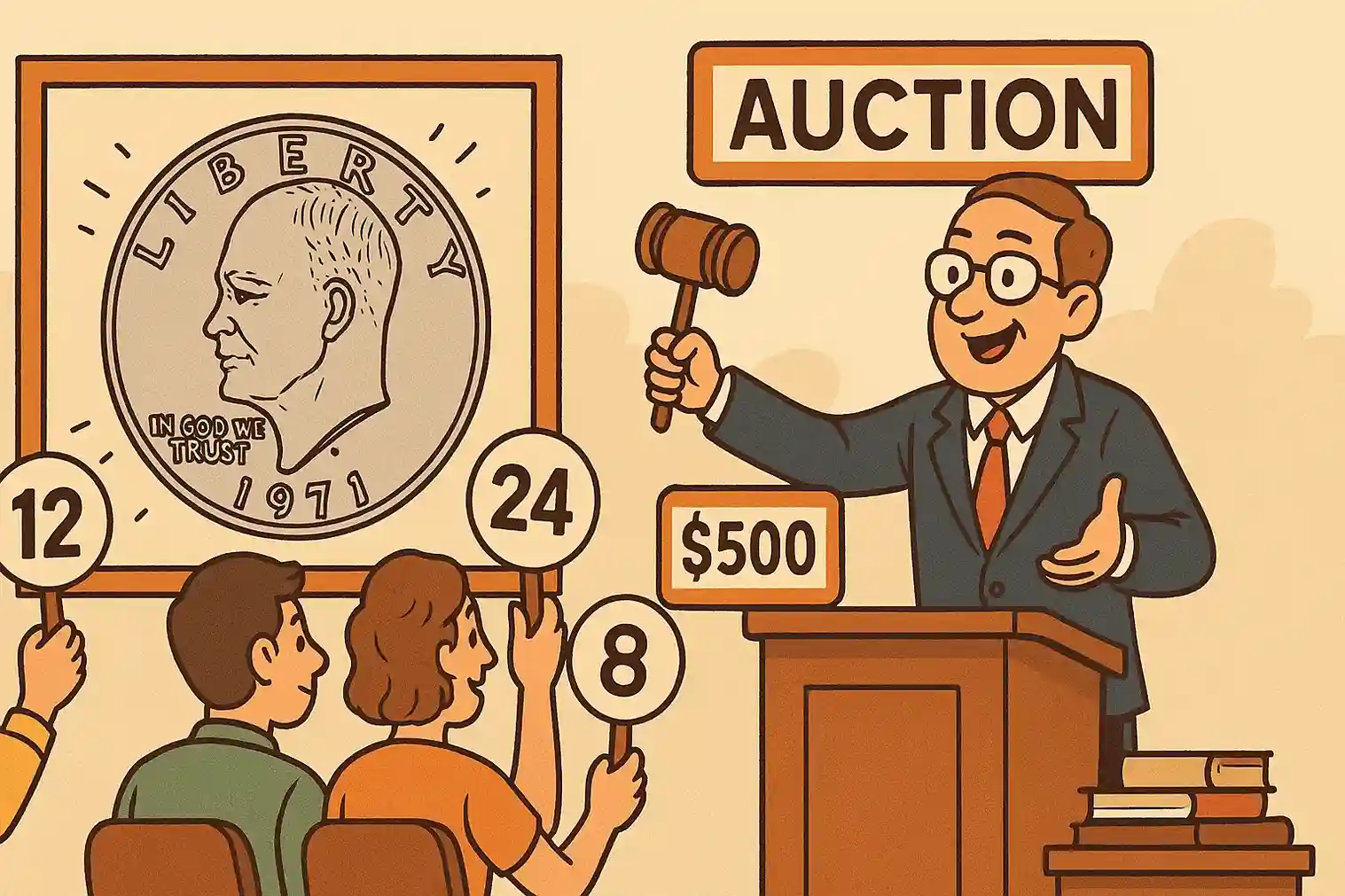 Cartoon-style illustration of a coin auction, showing an auctioneer with a gavel and bidders raising numbered paddles for a framed 1971 Eisenhower Dollar on display, marked at $500.