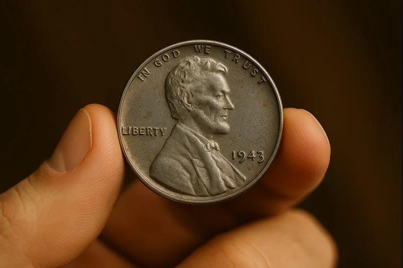 A close-up view of a collector holding a 1943 steel Lincoln cent highlights the coin’s wartime zinc-coated surface and typical preservation challenges.