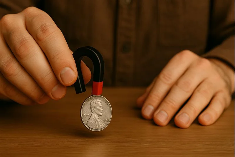 A collector uses a small magnet to confirm the steel composition of a 1943 Lincoln cent, demonstrating the coin’s distinctive magnetic reaction.