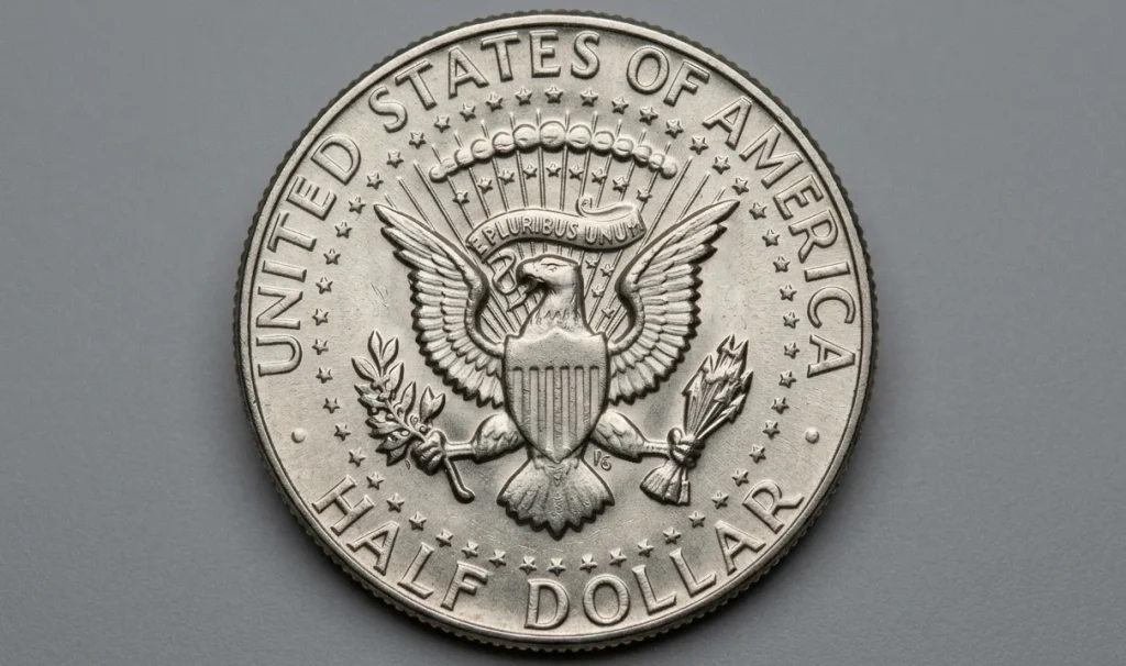 Close-up of a 1969 Kennedy half dollar reverse