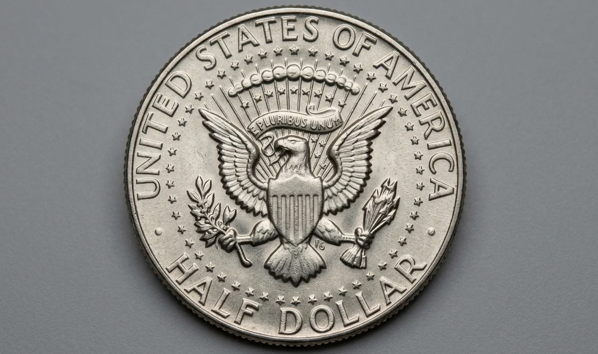 Close-up of a 1969 Kennedy half dollar reverse
