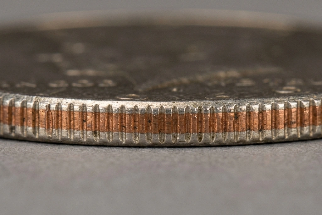 Close-up of a 1969 Kennedy half dollar edge showing silver-clad layers